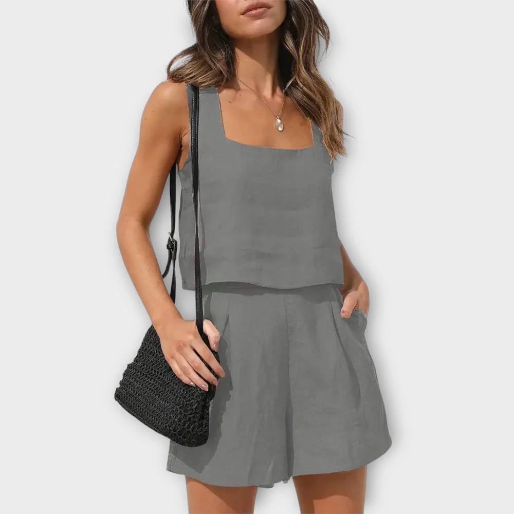Tweedelig Dames Set – Mouwloos Topje en Losse Short van Linnenmix