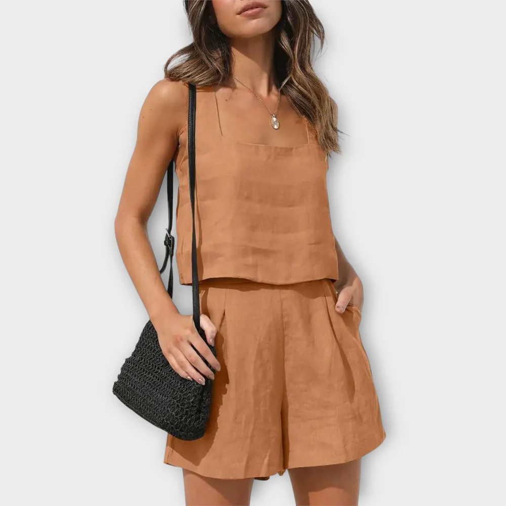 Tweedelig Dames Set – Mouwloos Topje en Losse Short van Linnenmix