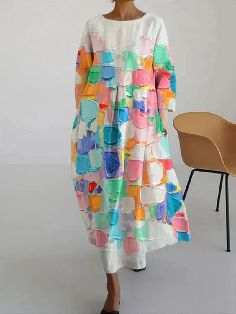 Lange Jurk Dames – Abstract Print Casual Maxi Jurk met Lange Mouwen