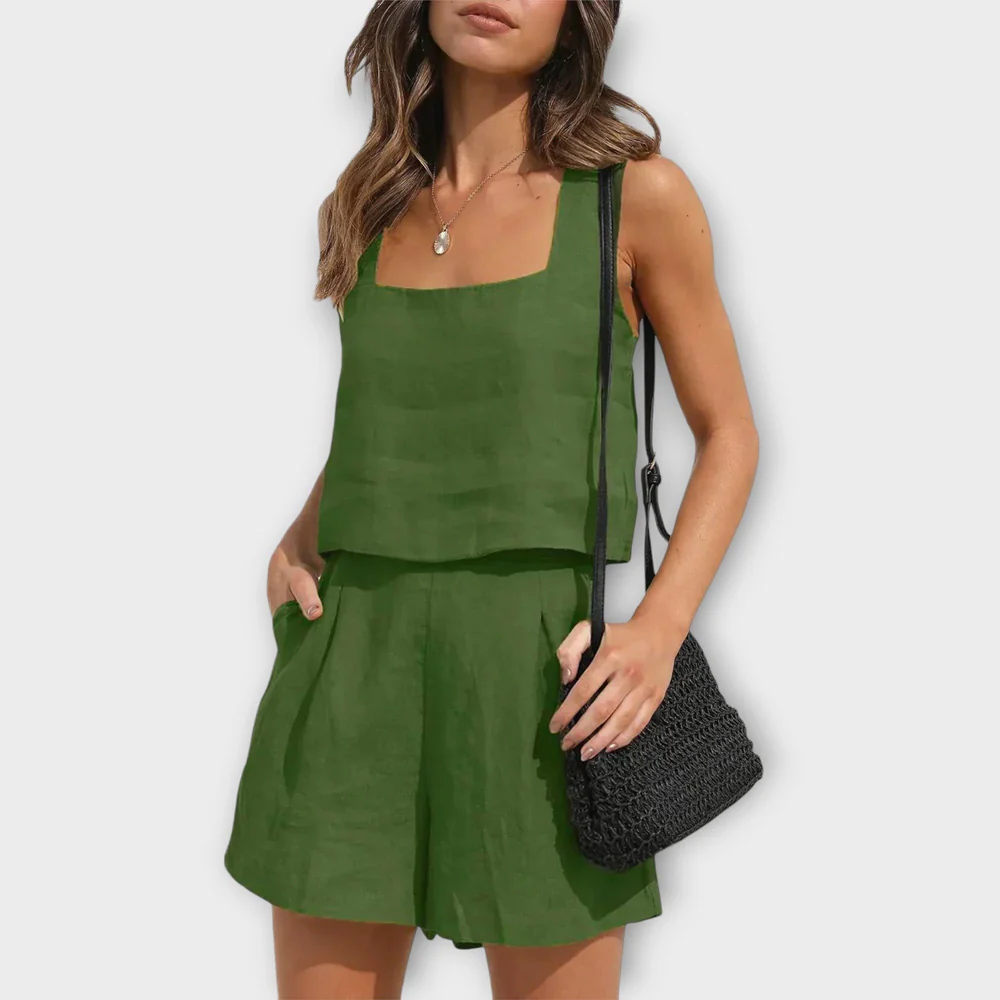 Tweedelig Dames Set – Mouwloos Topje en Losse Short van Linnenmix