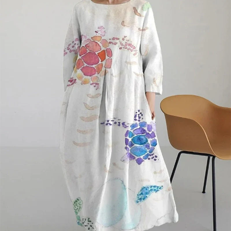 Lange Jurk Dames – Abstract Print Casual Maxi Jurk met Lange Mouwen
