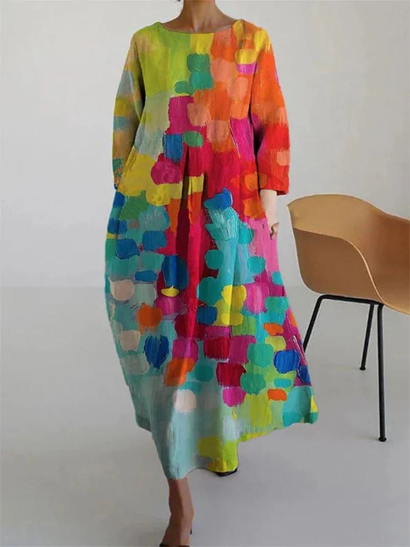 Lange Jurk Dames – Abstract Print Casual Maxi Jurk met Lange Mouwen