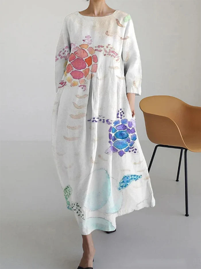 Lange Jurk Dames – Abstract Print Casual Maxi Jurk met Lange Mouwen