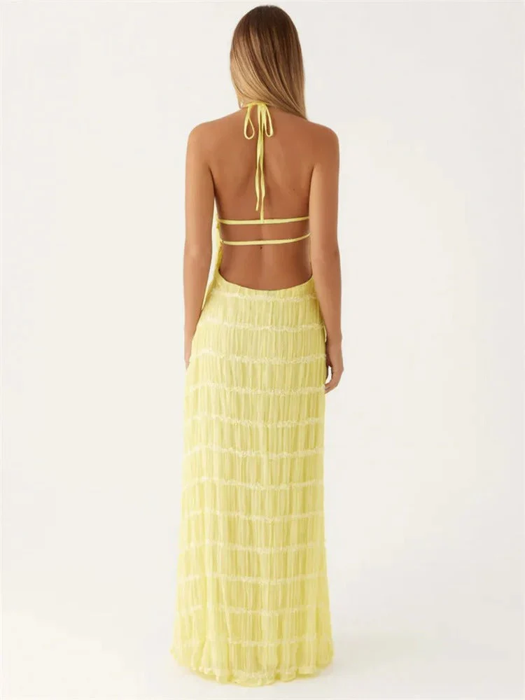 Dames Halter Maxi Jurk – Mouwloze Lange Jurk met Open Rug en Plisséstructuur