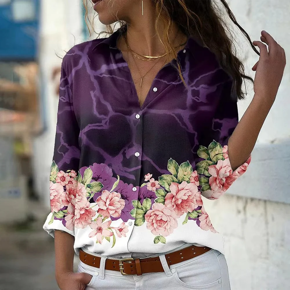 Blouse met Bliksemprint en Bloemenrand – Statement Overhemd met Lange Mouwen