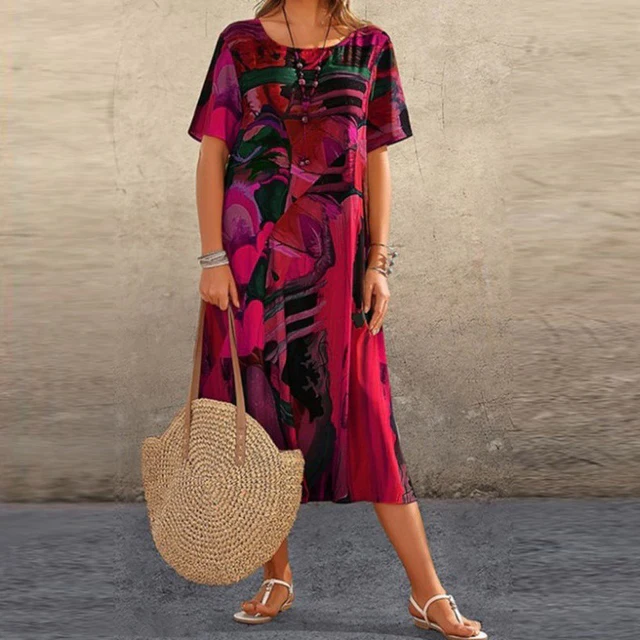 Dames Zomerse Midi Jurk – Losvallend model met abstracte print en korte mouwen