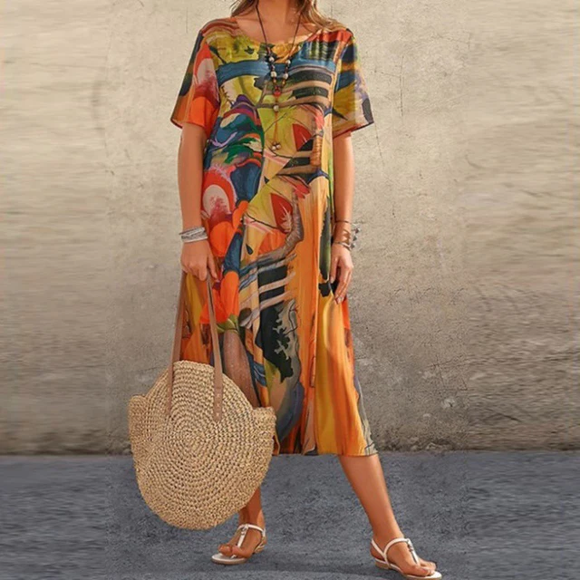 Dames Zomerse Midi Jurk – Losvallend model met abstracte print en korte mouwen