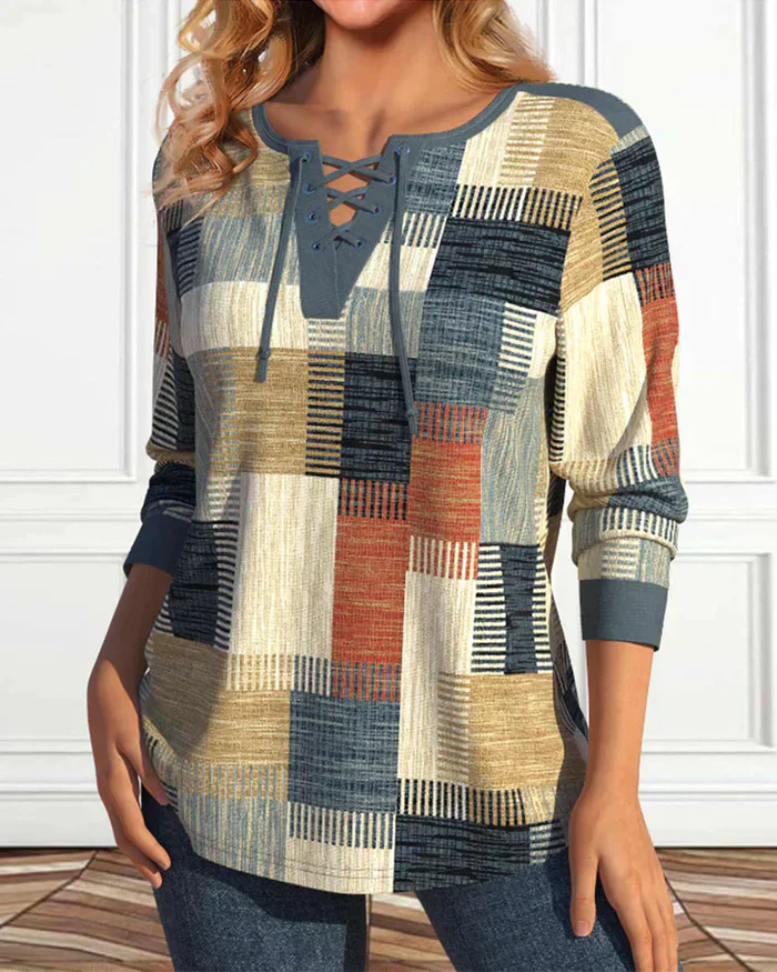 Lange Mouwen Patchwork Top Dames – V-Hals met Vetersluiting en Geometrisch Design