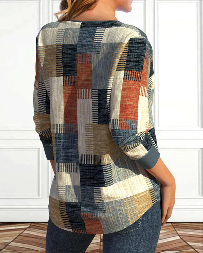 Lange Mouwen Patchwork Top Dames – V-Hals met Vetersluiting en Geometrisch Design