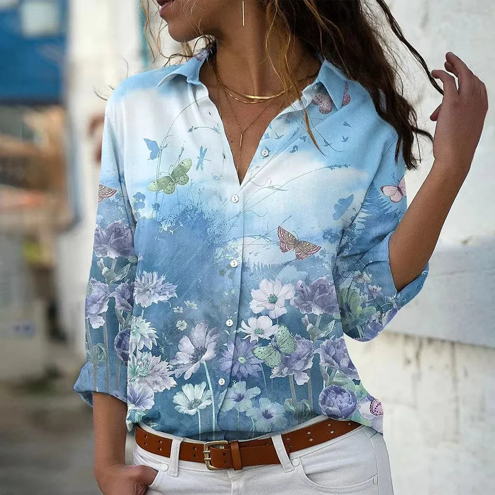 Blouse met Bliksemprint en Bloemenrand – Statement Overhemd met Lange Mouwen