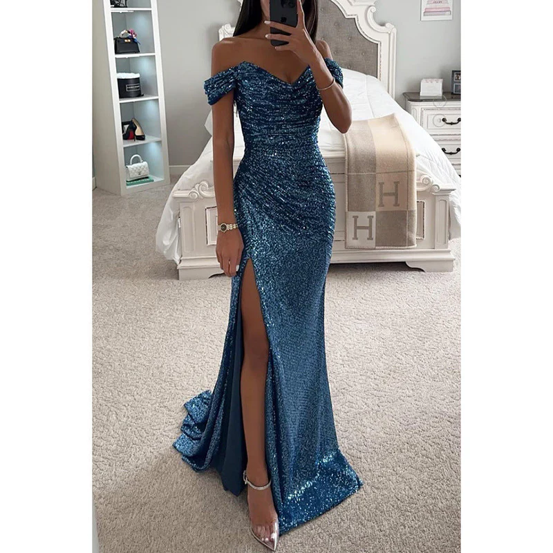 Off Shoulder Maxi Jurk – Pailletten & Hoge Split