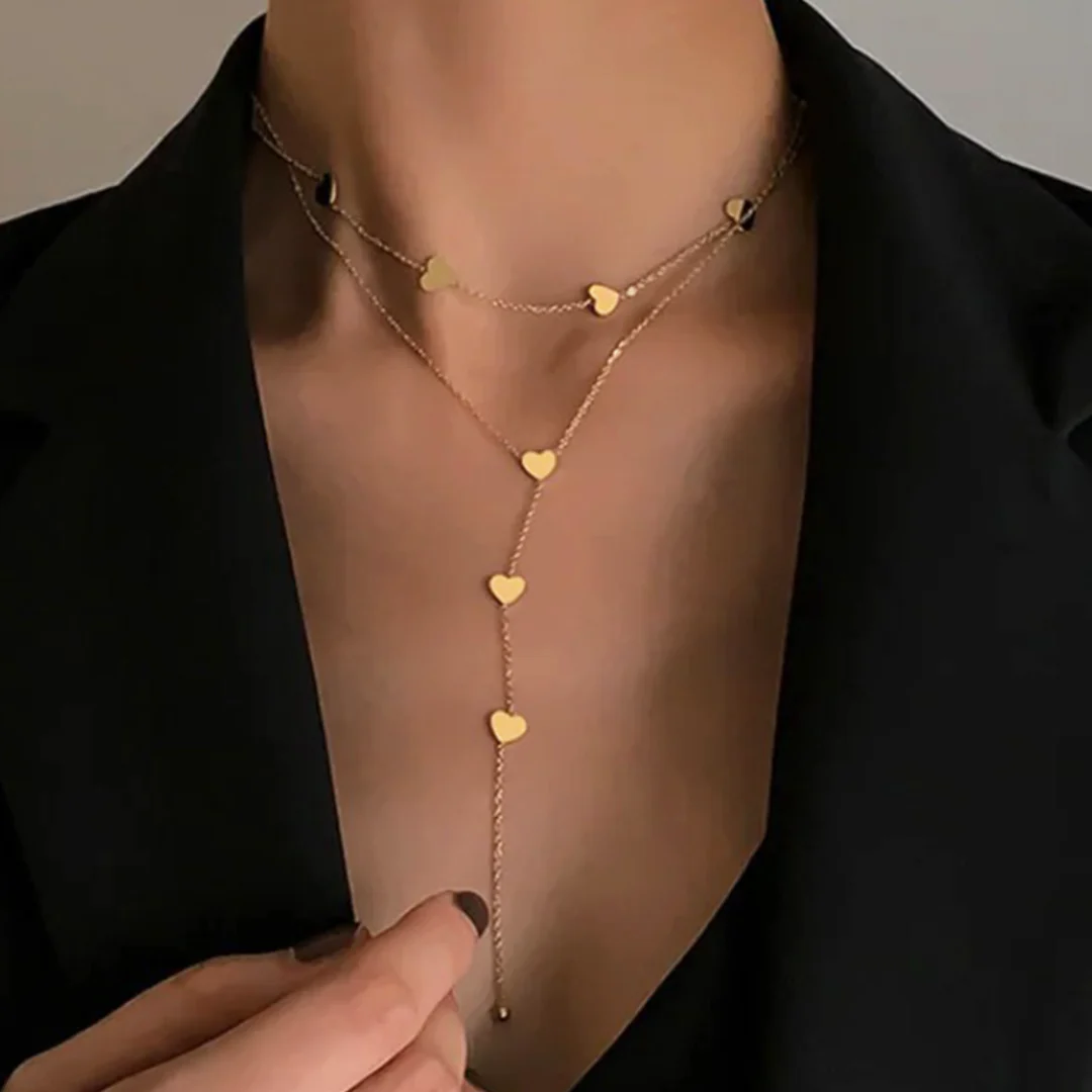 Dames Halsketting – Gelaagde Ketting met Hartjes in Y-vorm