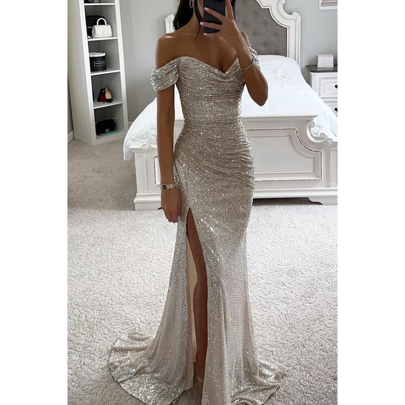 Off Shoulder Maxi Jurk – Pailletten & Hoge Split