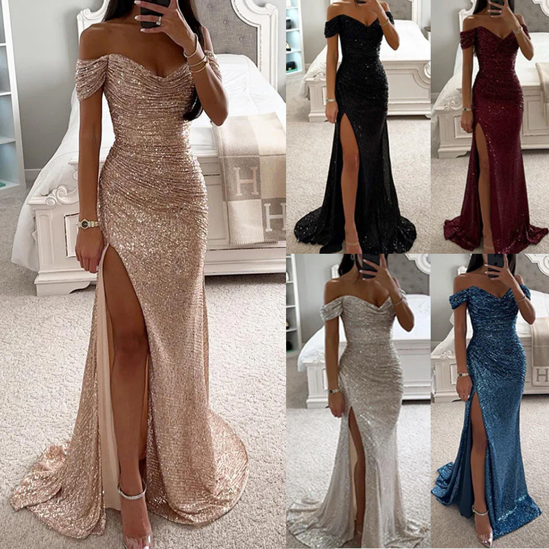 Off Shoulder Maxi Jurk – Pailletten & Hoge Split