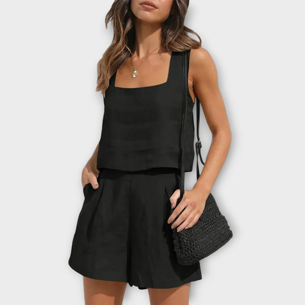 Tweedelig Dames Set – Mouwloos Topje en Losse Short van Linnenmix