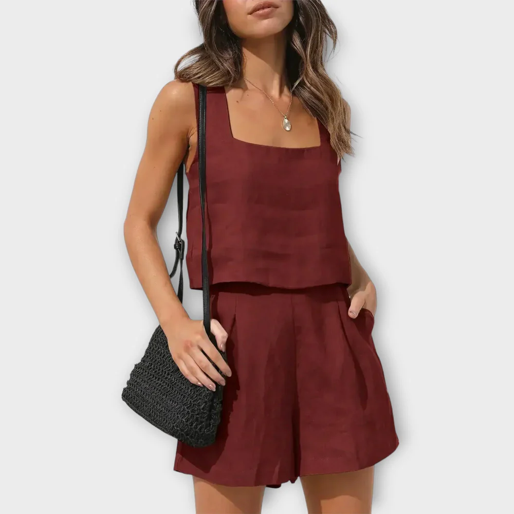 Tweedelig Dames Set – Mouwloos Topje en Losse Short van Linnenmix