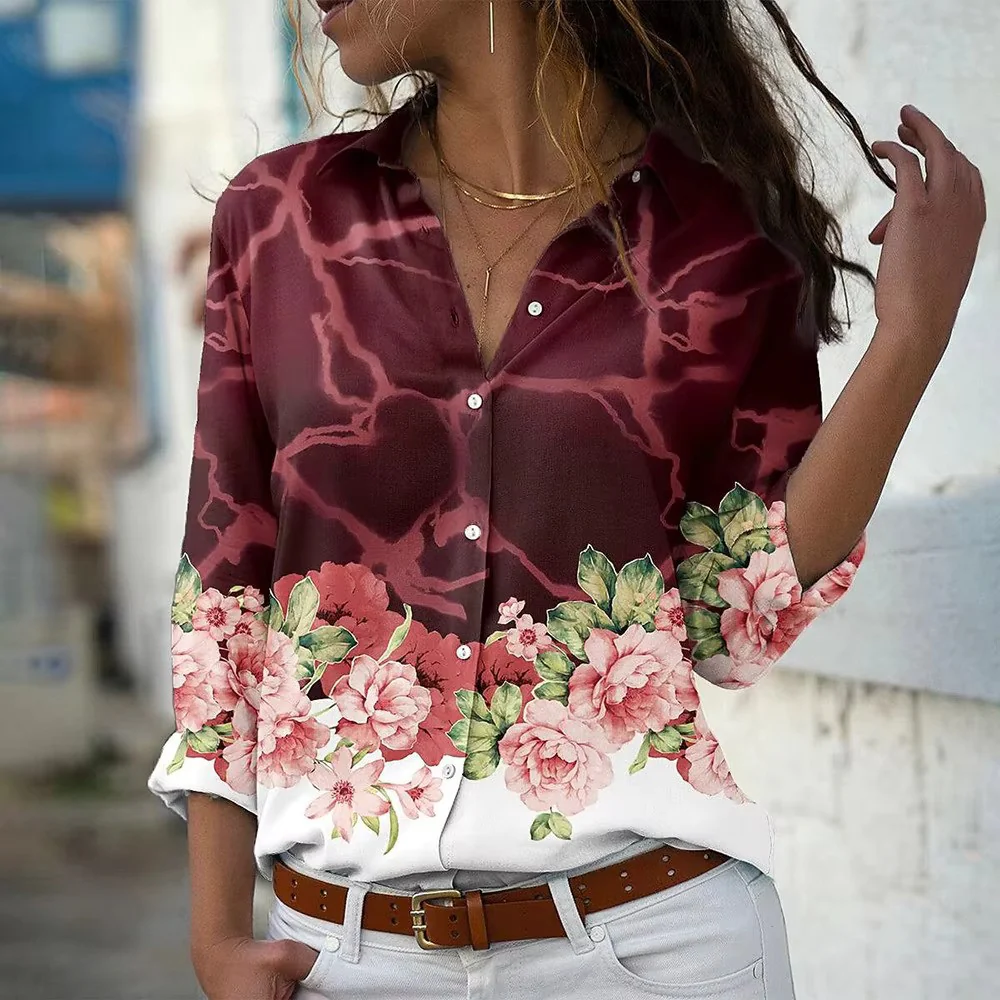 Blouse met Bliksemprint en Bloemenrand – Statement Overhemd met Lange Mouwen