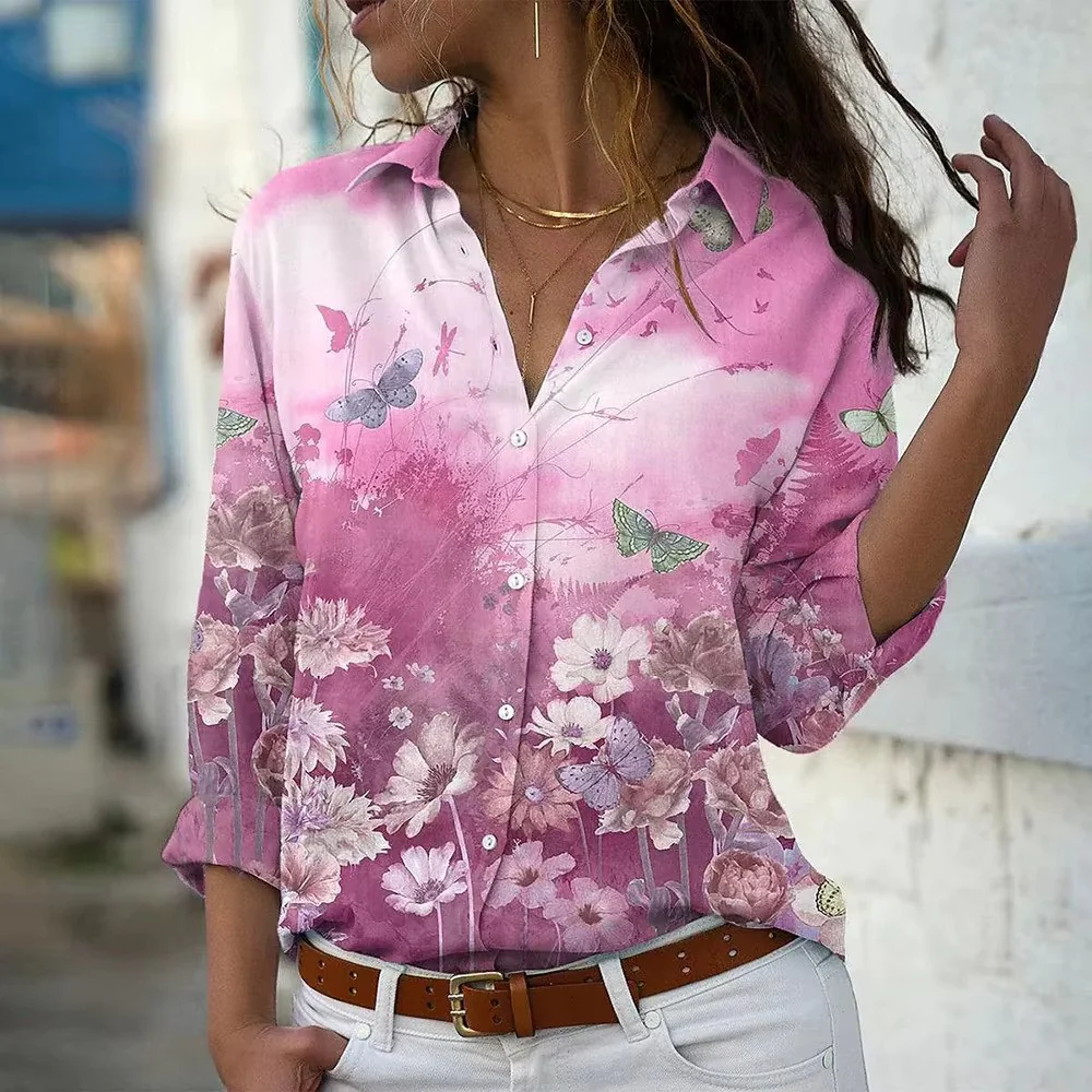 Blouse met Bliksemprint en Bloemenrand – Statement Overhemd met Lange Mouwen