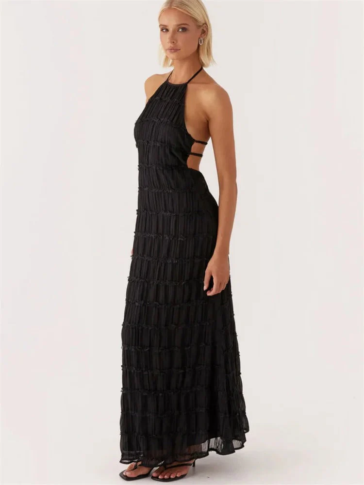 Dames Halter Maxi Jurk – Mouwloze Lange Jurk met Open Rug en Plisséstructuur