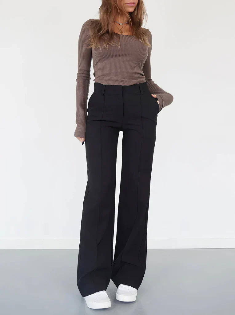 Flared Broek Dames High Waisted – Uitlopende Stretchbroek met Naden