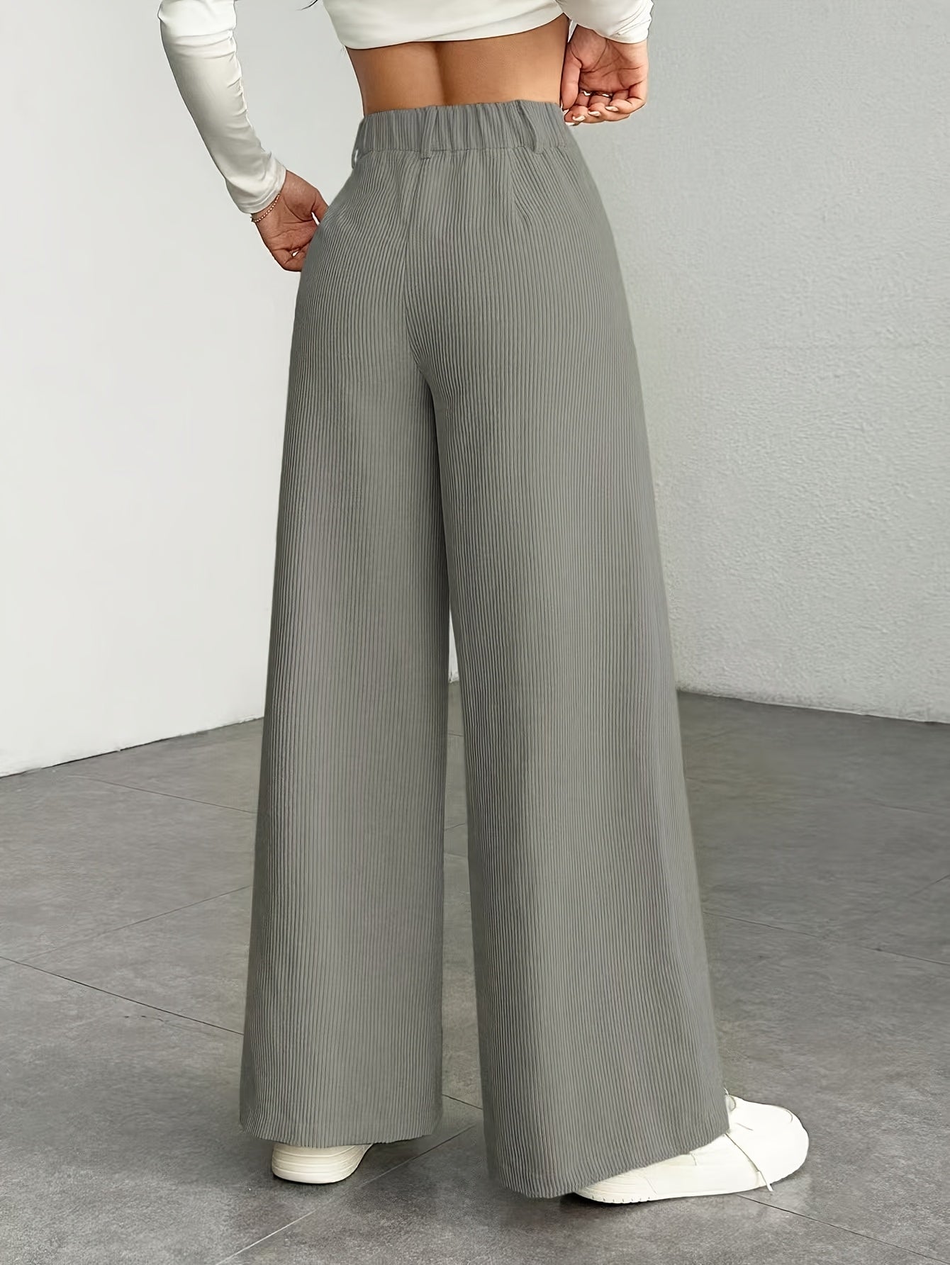 Dames broek – Geribbelde wide leg broek met hoge taille