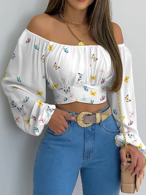 Off-Shoulder Crop Top – Elegante Boho Stijl met Lange Mouwen