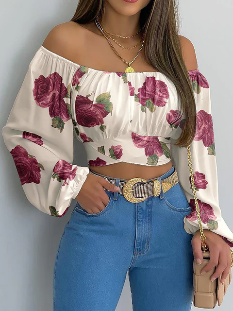 Off-Shoulder Crop Top – Elegante Boho Stijl met Lange Mouwen