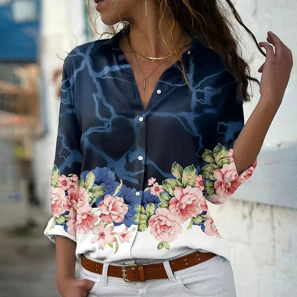 Blouse met Bliksemprint en Bloemenrand – Statement Overhemd met Lange Mouwen