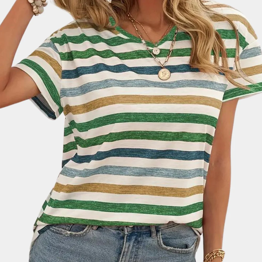 Gestreept dames T-shirt met V-hals – Korte mouwen en rechte pasvorm