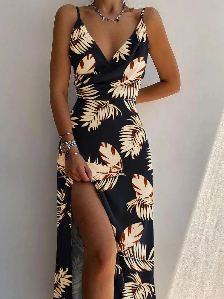 Maxi-jurk met tropische print – Zomerjurk met split en spaghettibandjes