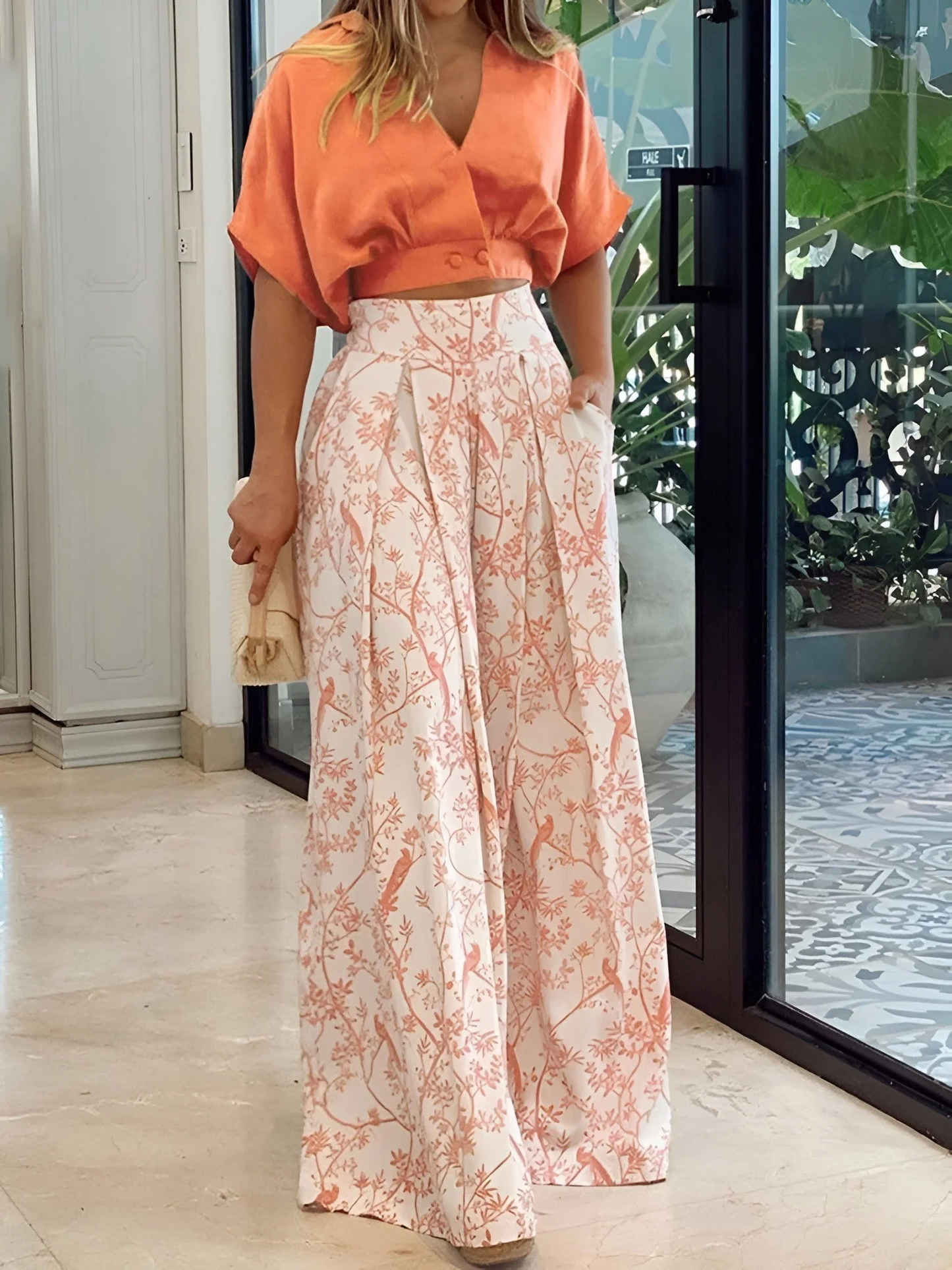 Tweedelige set – Cropped blouse & wijde high-waist broek
