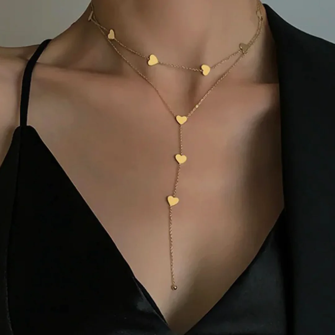 Dames Halsketting – Gelaagde Ketting met Hartjes in Y-vorm