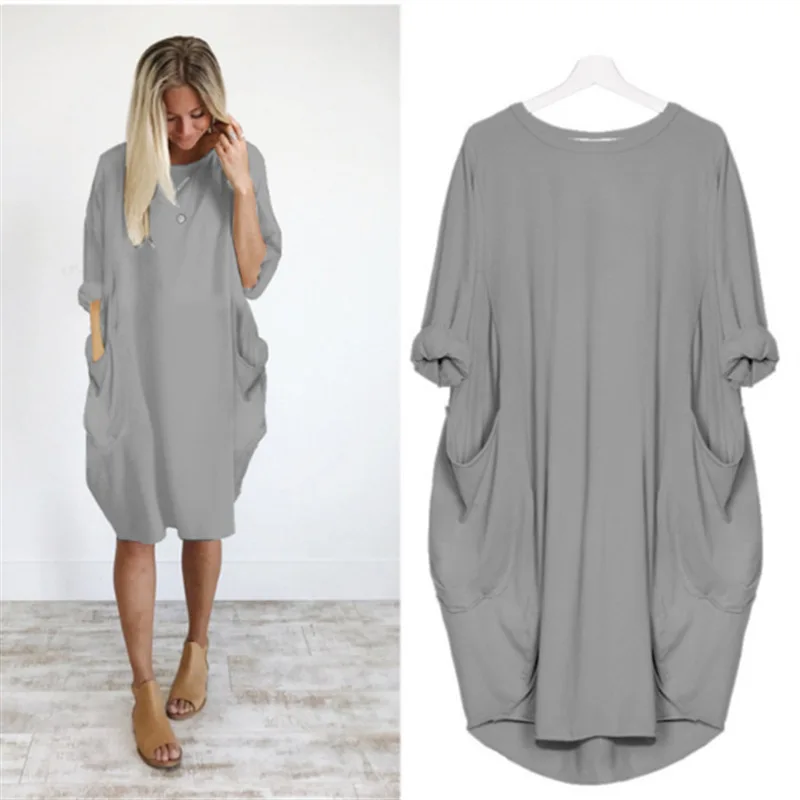 Lange oversized T-shirt jurk met zakken – Casual damesjurk met opgerolde mouwen