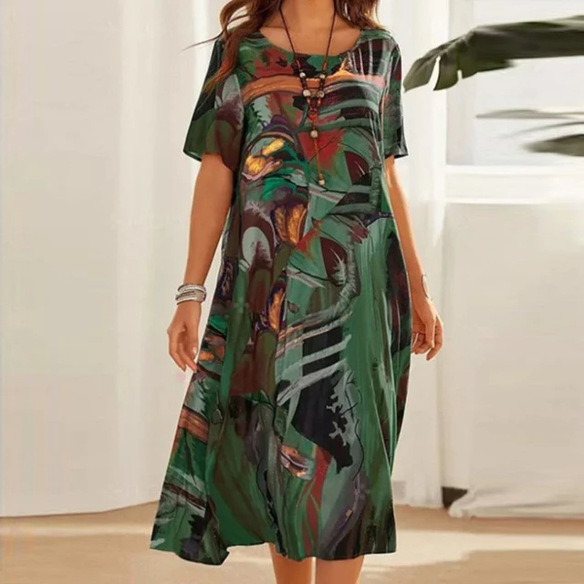 Dames Zomerse Midi Jurk – Losvallend model met abstracte print en korte mouwen