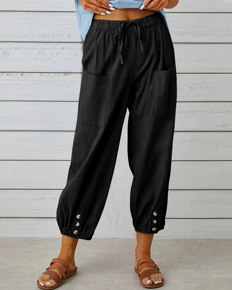 Dames Losse Broek – Luchtige Katoenmix met Elastische Taille en Knoopdetails