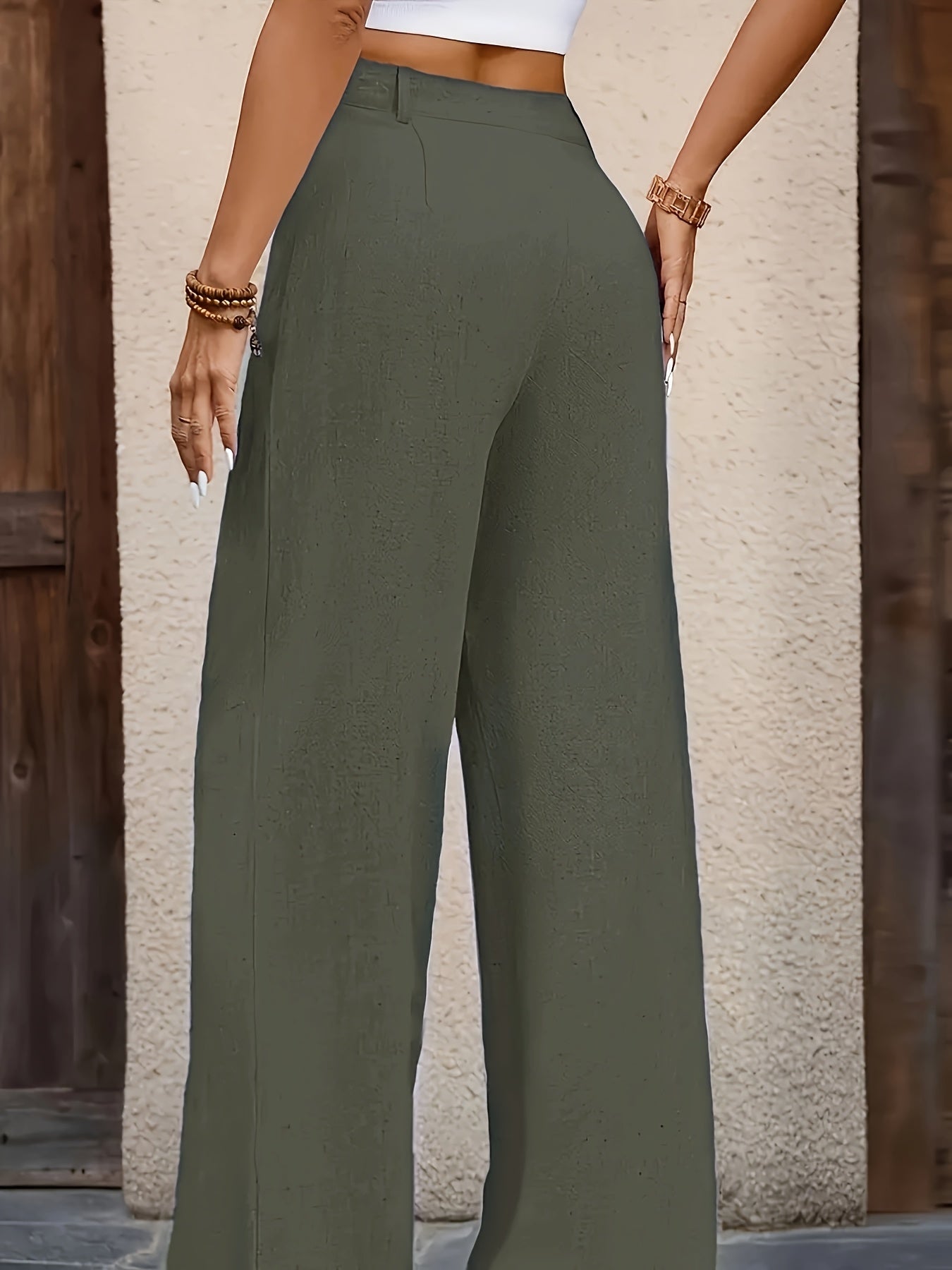 Dames broek – Wijde pantalon met hoge taille en knoopsluiting