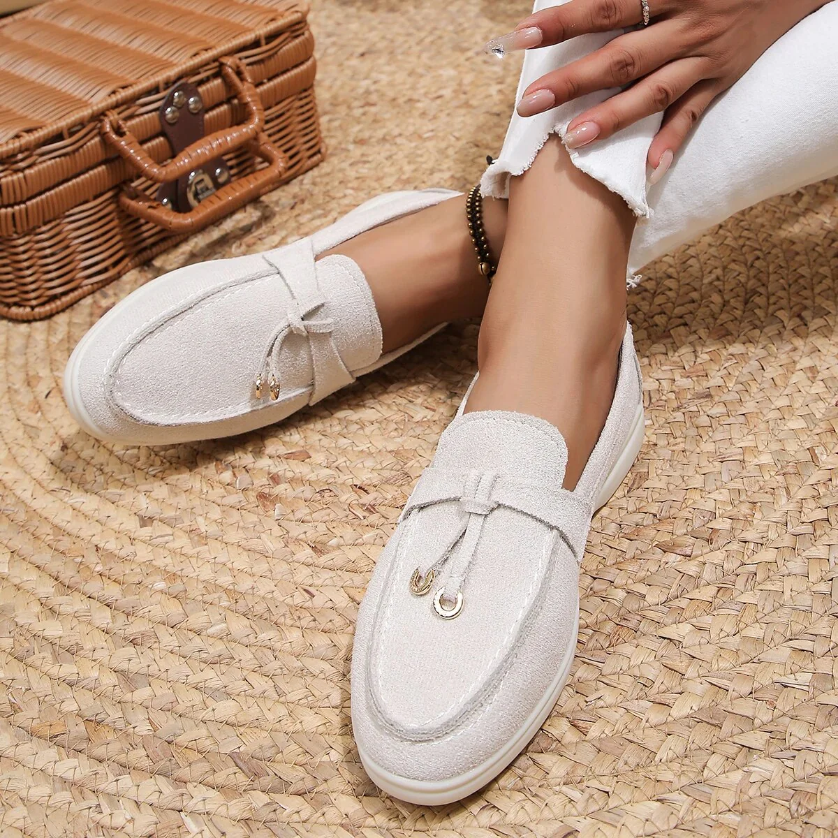Dames loafers met decoratief koord – Instapschoenen met suède-look en platte zool