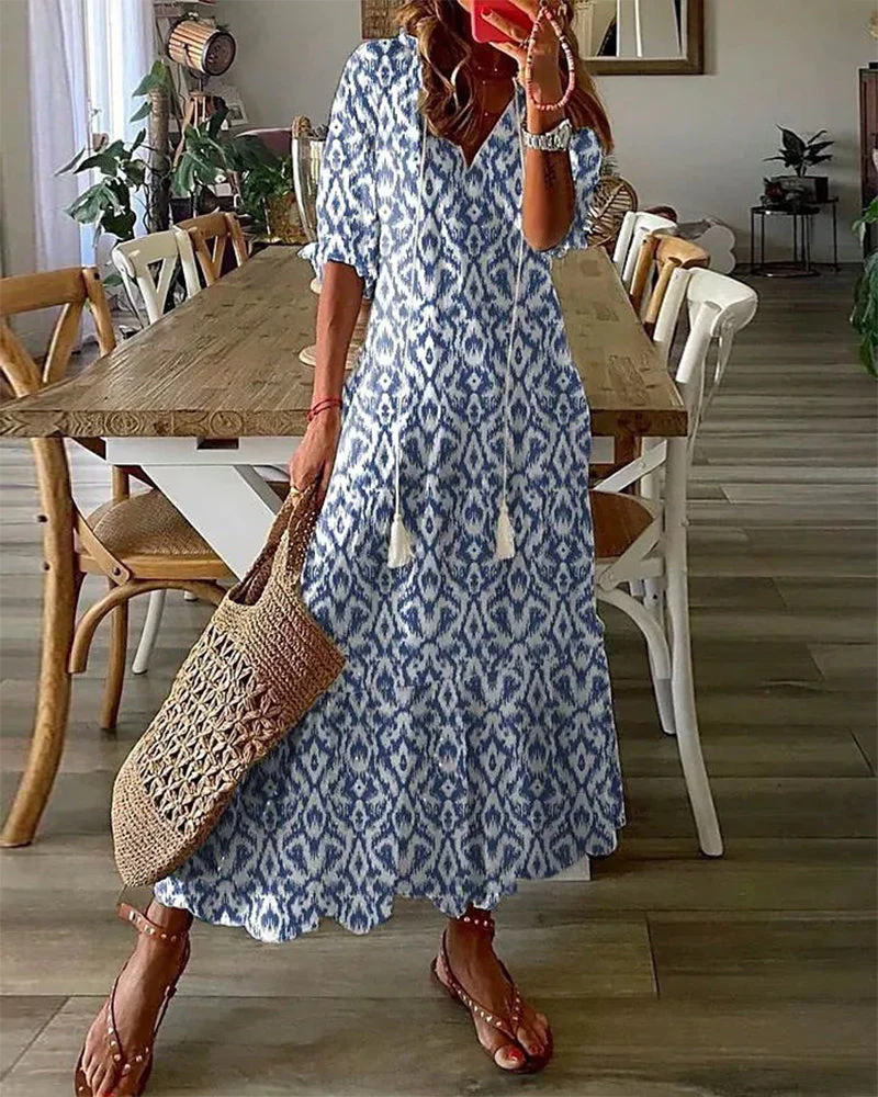 Maxi Jurk Dames – Boho Print met Koorddetail