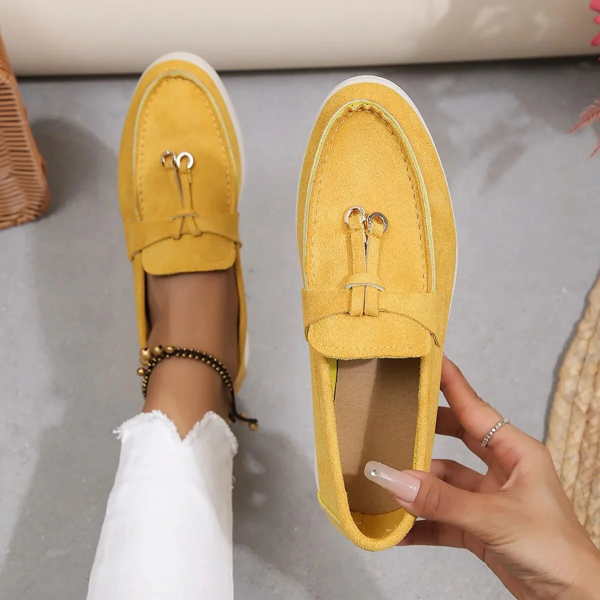 Dames loafers met decoratief koord – Instapschoenen met suède-look en platte zool