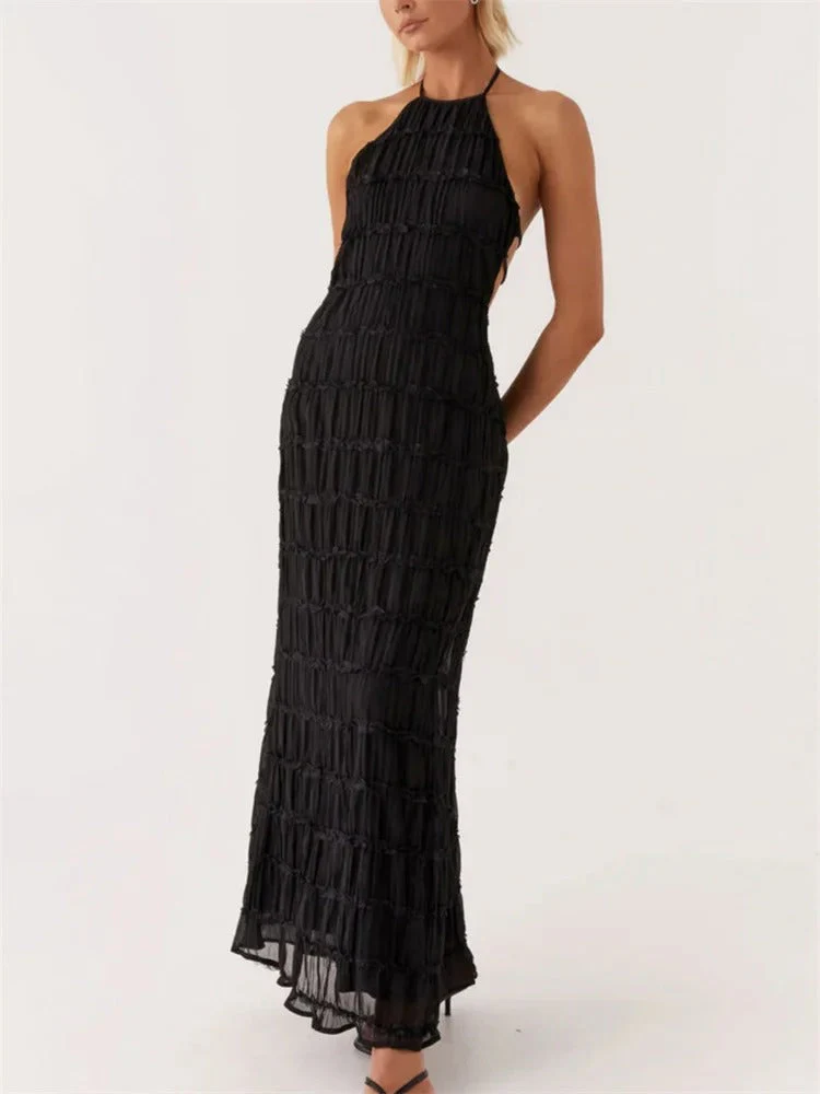 Dames Halter Maxi Jurk – Mouwloze Lange Jurk met Open Rug en Plisséstructuur