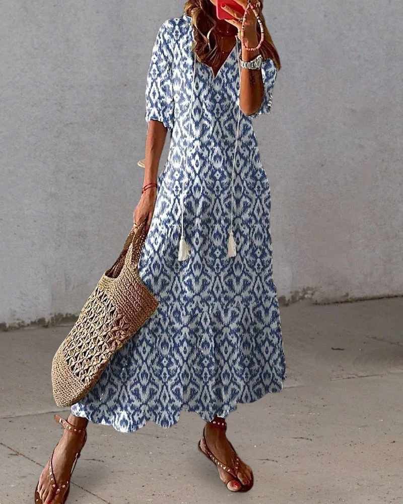 Maxi Jurk Dames – Boho Print met Koorddetail