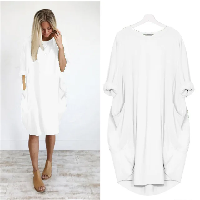 Lange oversized T-shirt jurk met zakken – Casual damesjurk met opgerolde mouwen