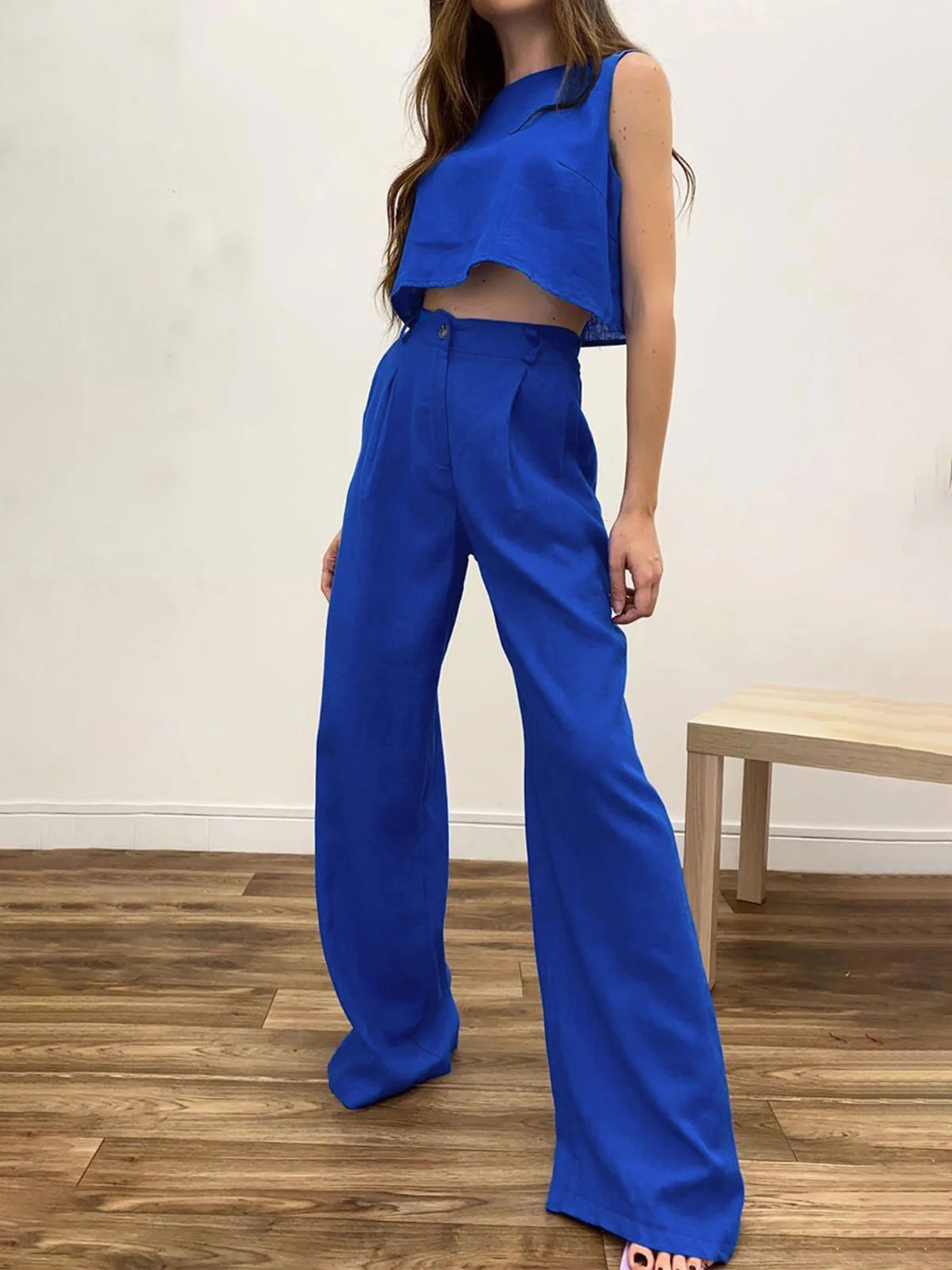 Tweedelige dames set – Mouwloze cropped top en wijde pantalon