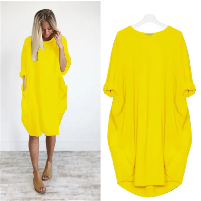 Lange oversized T-shirt jurk met zakken – Casual damesjurk met opgerolde mouwen
