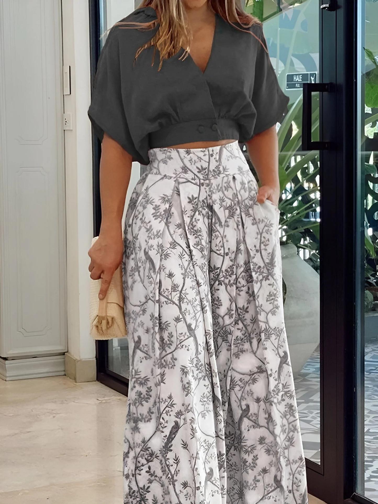 Tweedelige set – Cropped blouse & wijde high-waist broek