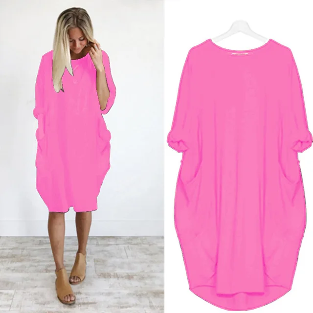 Lange oversized T-shirt jurk met zakken – Casual damesjurk met opgerolde mouwen