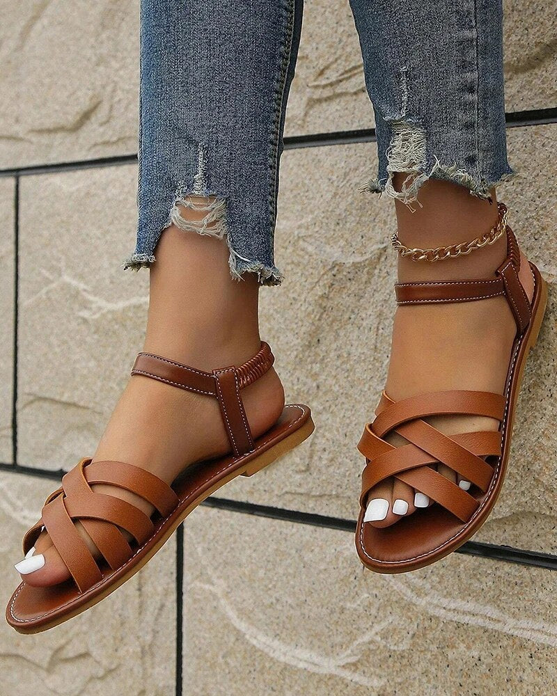 Dames Platte Sandalen met Kruisbanden – Elastische Hielband en Open Teen