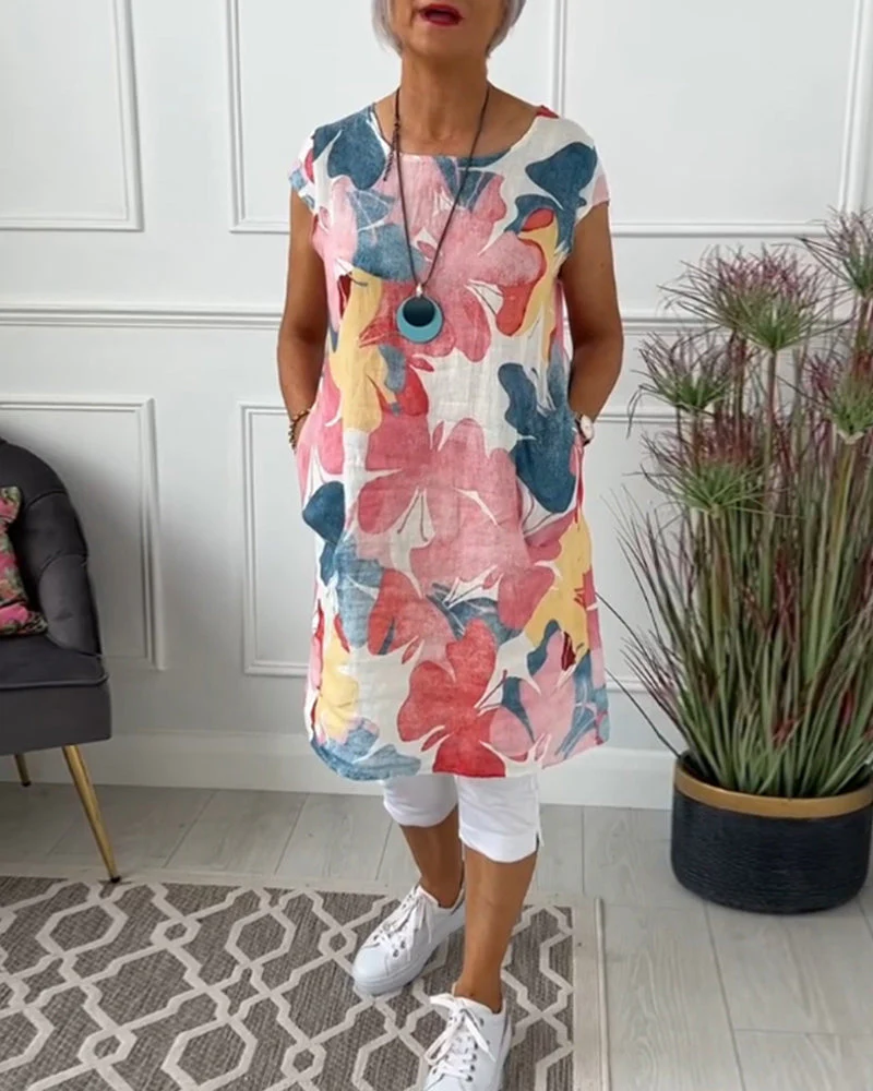 Dames Jurk - Bloemenprint - Linnen Look - Mouwloos - Zomerjurk