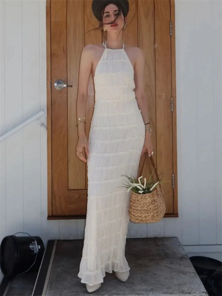 Dames Halter Maxi Jurk – Mouwloze Lange Jurk met Open Rug en Plisséstructuur