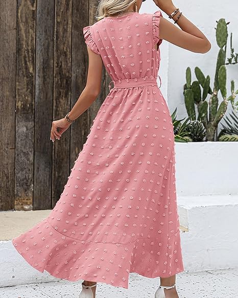 Maxi-jurk met structuurstof en ruches – Elegante zomerjurk met V-hals en strikceintuur